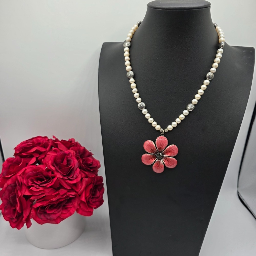 Pearl Necklace Flower Pendant Sterling Silver‎ Accent Red Enamel Faux Easter